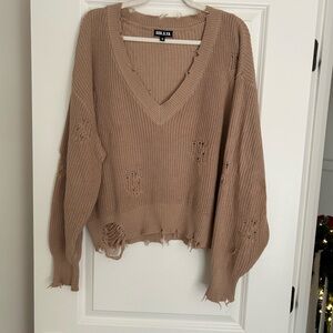 SER.O.YA Tan Distressed V-Neck Sweater